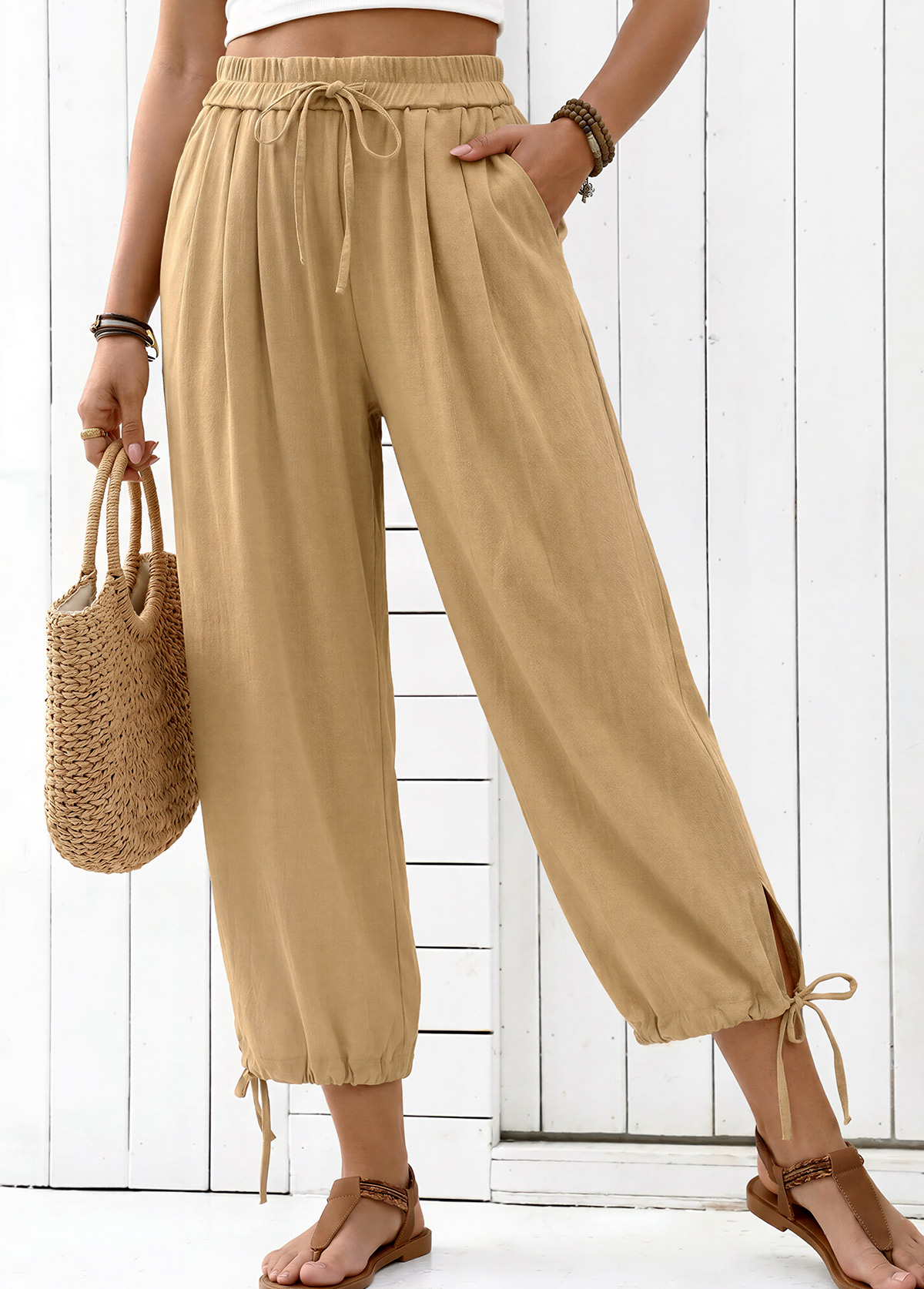 Modlily Light Camel Elastic Waist High Waisted Pants - S