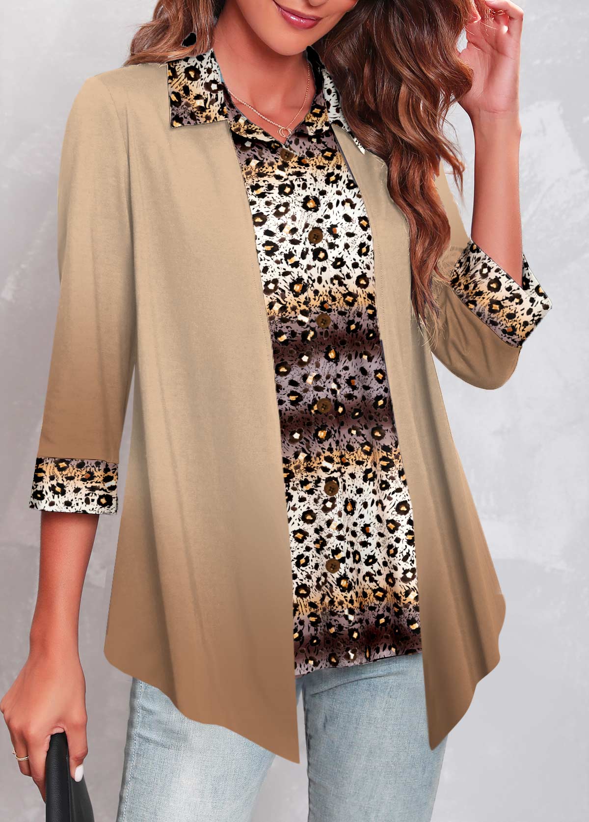 Modlily Light Camel Fake 2in1 Leopard Blouse - M