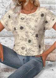 Modlily Light Camel Floral Print Short Sleeve T Shirt - M