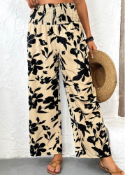 Modlily Light Camel Floral Print Straight Leg Elastic Waist Pants - S