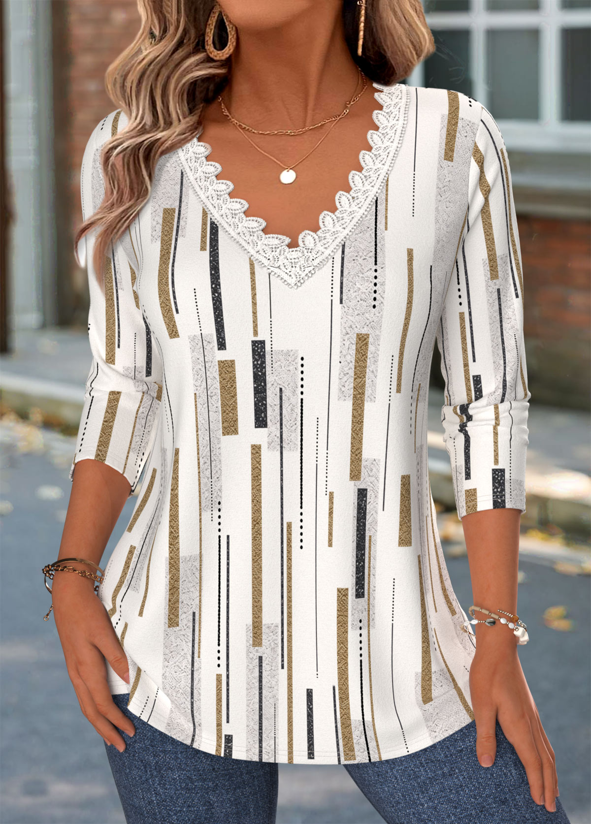 Modlily Light Camel Geometric Print Patchwork Long Sleeve T Shirt - M
