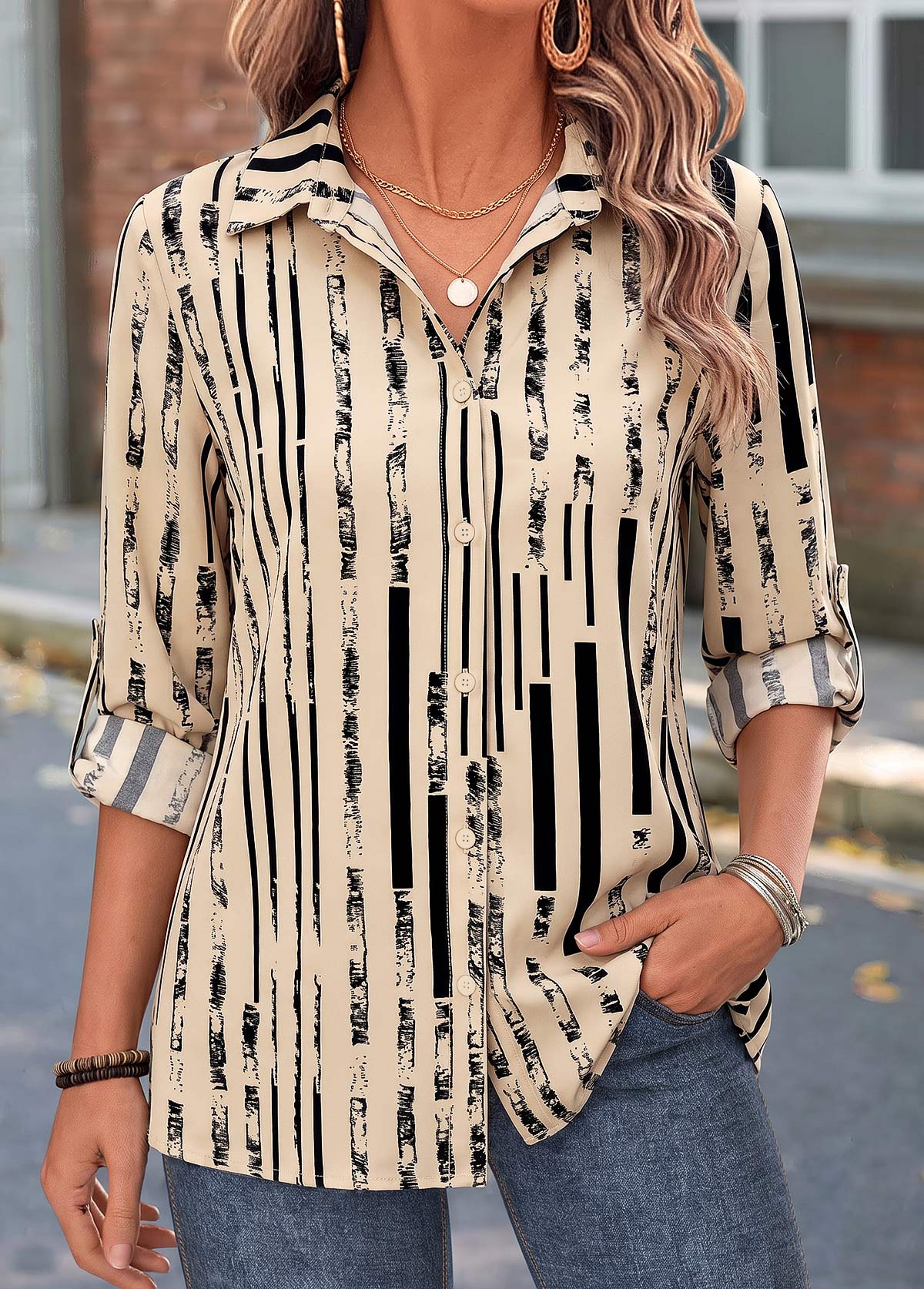 Modlily Light Camel Geometric Print Tummy Coverage 3/4 Sleeve Shirt - M