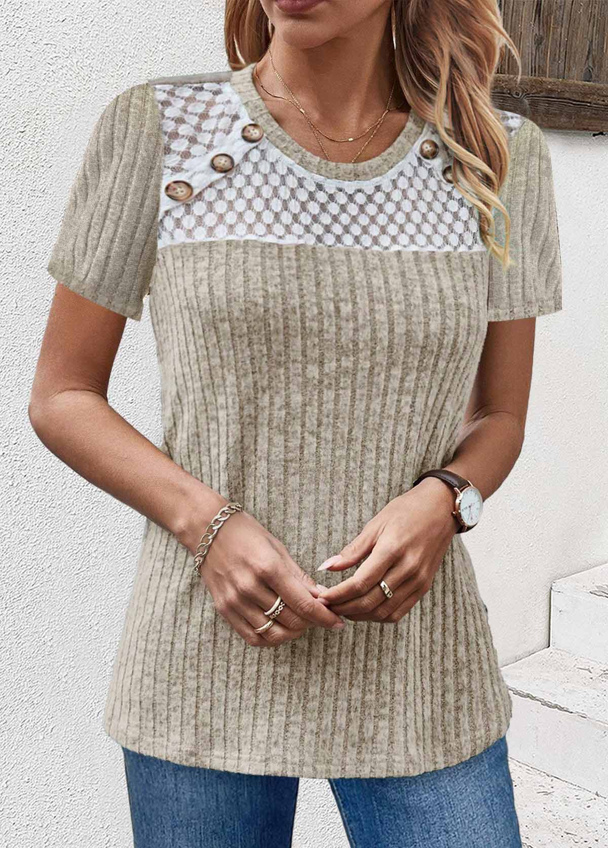 Modlily Light Camel Lace Short Sleeve Round Neck T Shirt - XXL