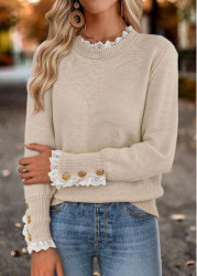 Modlily Light Camel Lace Trim Long Sleeve Round Neck Sweater - M