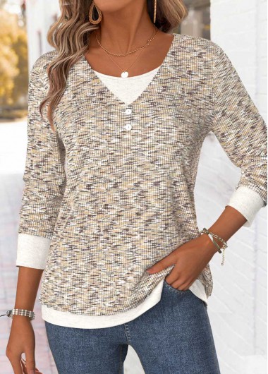 Modlily Light Camel Long Sleeve V Neck T Shirt - M