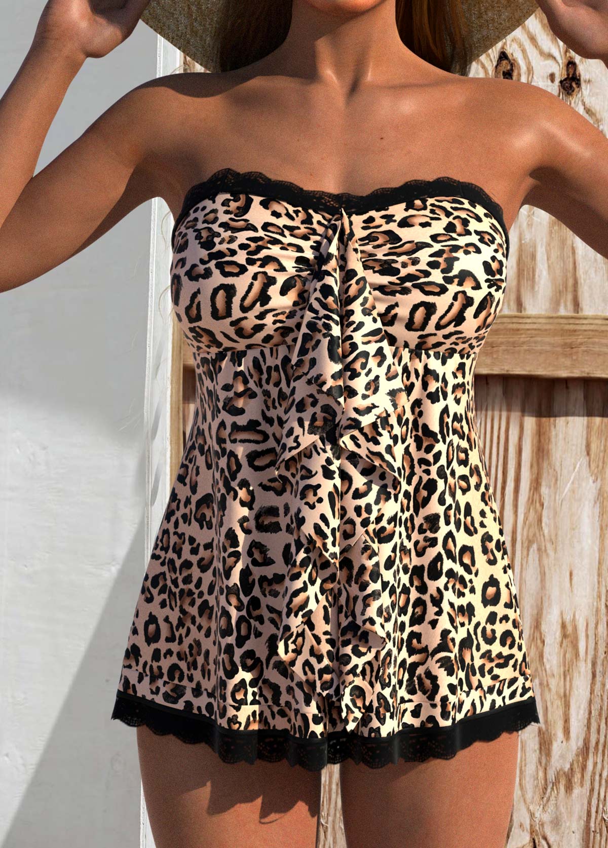 Modlily Light Camel Mid Waisted Ruffle Leopard Tankini Set - M
