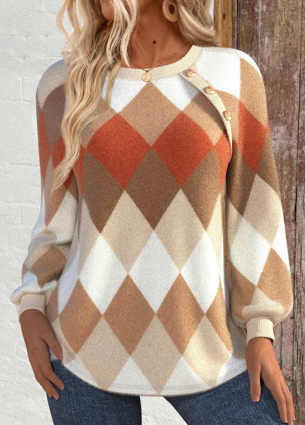 Modlily Light Camel Patchwork Argyle Print Long Sleeve Sweatshirt - M