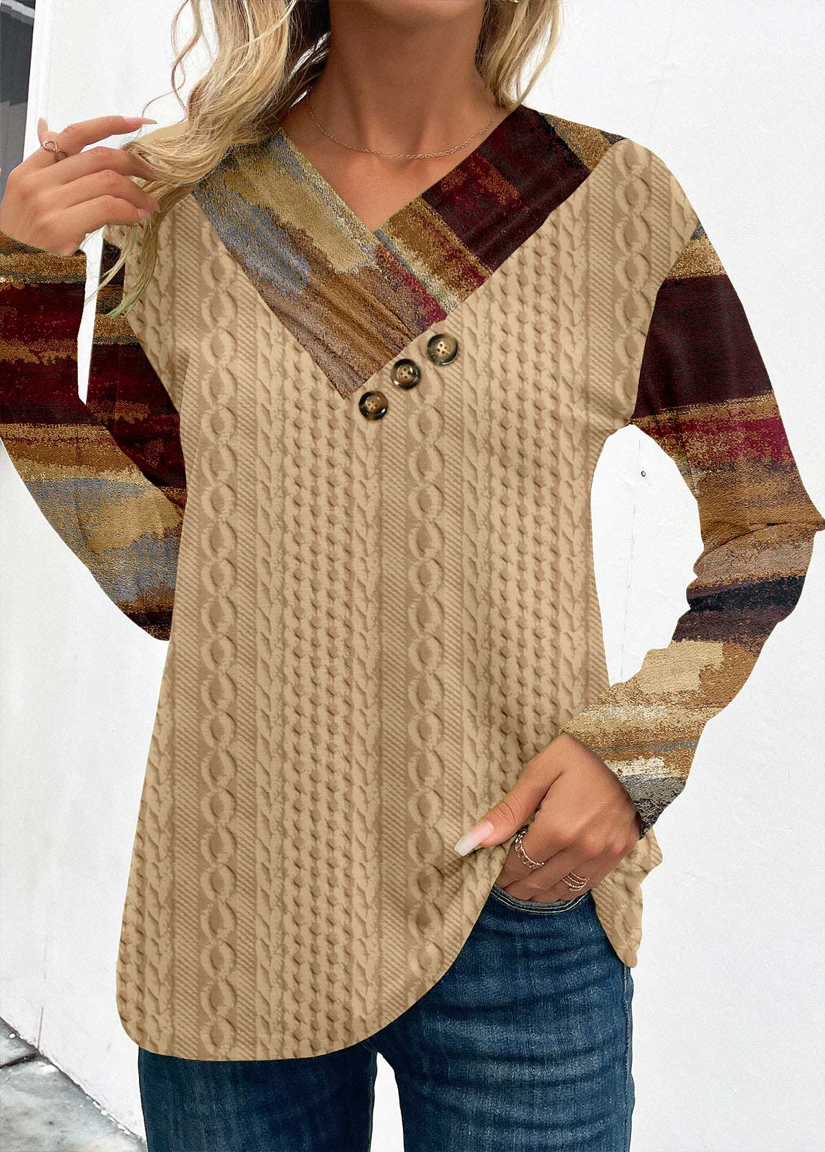 Modlily Light Camel Patchwork Graffiti Print Long Sleeve Sweatshirt - XXL
