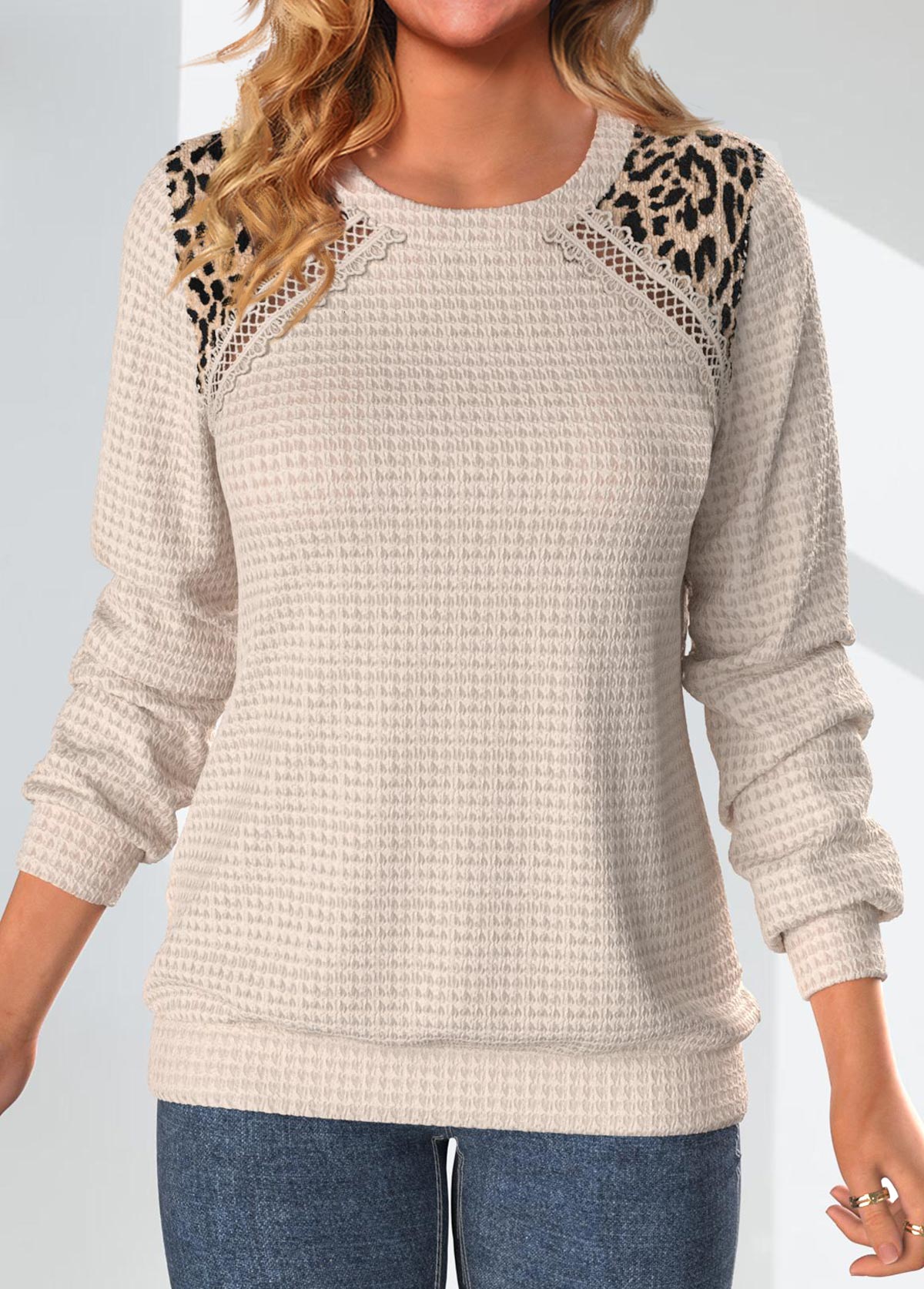 Modlily Light Camel Patchwork Leopard Long Sleeve Sweatshirt - L