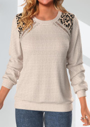 Modlily Light Camel Patchwork Leopard Long Sleeve Sweatshirt - L