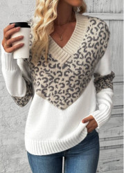 Modlily Light Camel Patchwork Leopard Long Sleeve V Neck Sweater - M