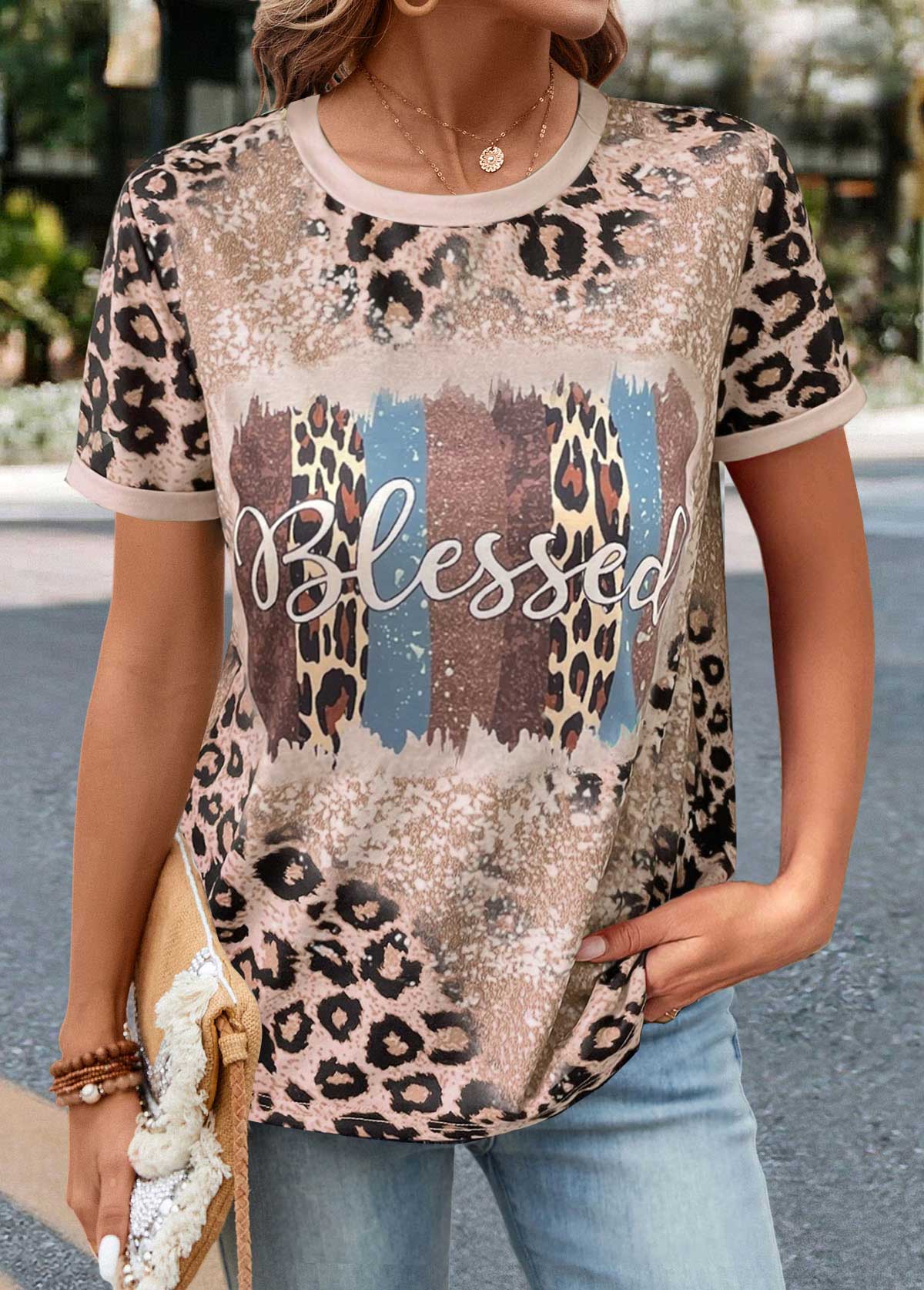 Modlily Light Camel Patchwork Leopard Short Sleeve T Shirt - S
