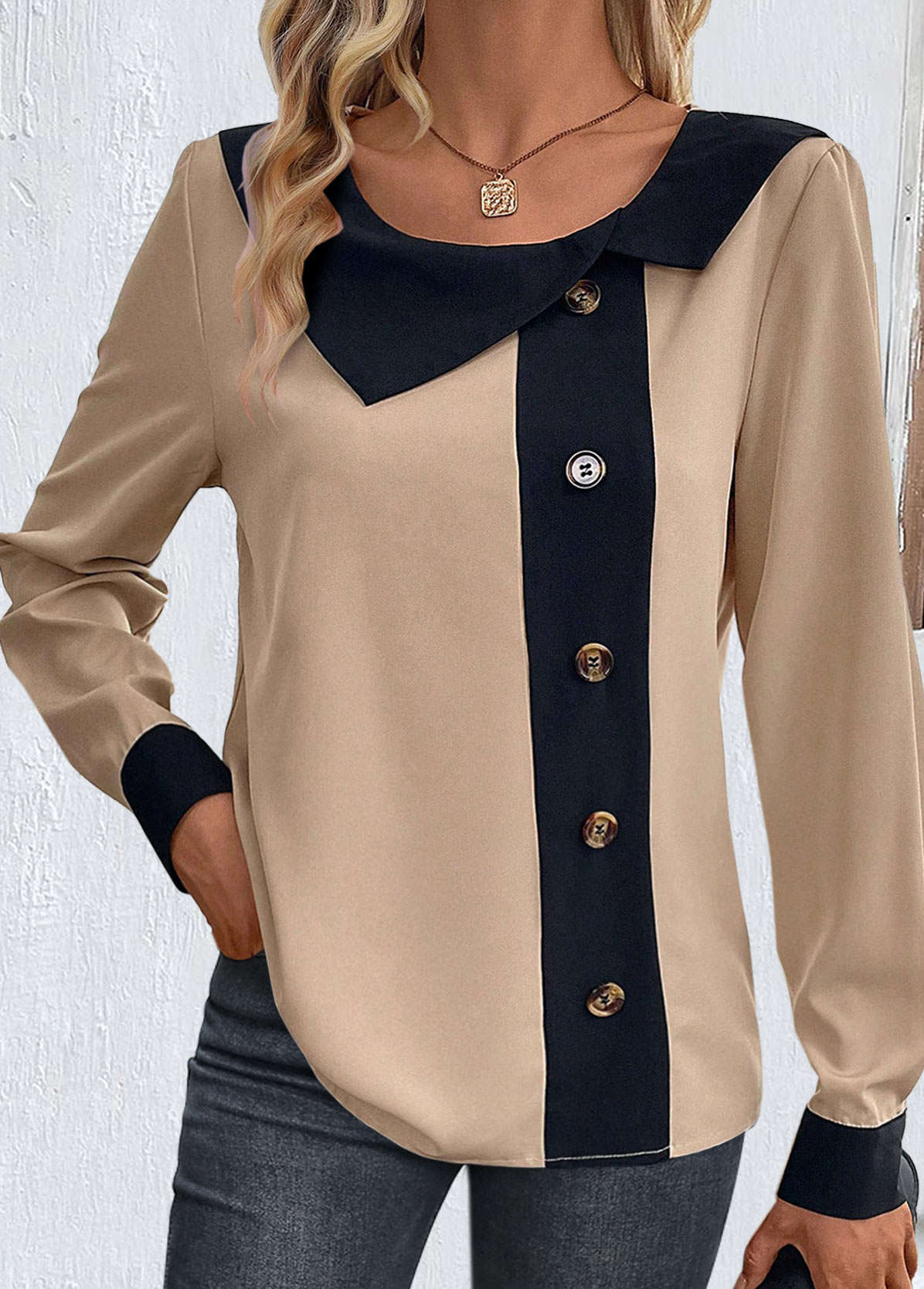 Modlily Light Camel Patchwork Long Sleeve Asymmetrical Neck Blouse - XXL