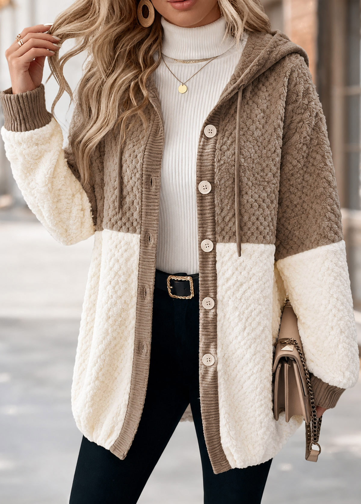 Modlily Light Camel Patchwork Long Sleeve Hooded Coat - S