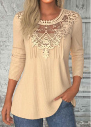 Modlily Light Camel Patchwork Long Sleeve Round Neck T Shirt - L