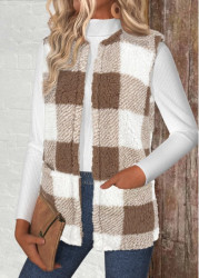 Modlily Light Camel Plaid Sleeveless Round Neck Waistcoat - M