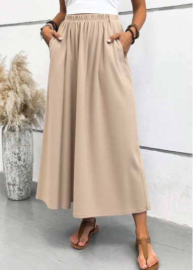 Modlily Light Camel Pocket A Line Elastic Waist Maxi Skirt - XXL