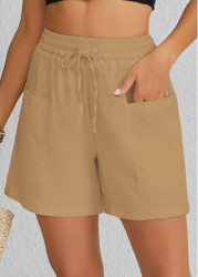 Modlily Light Camel Pocket Elastic Waist High Waisted Shorts - S