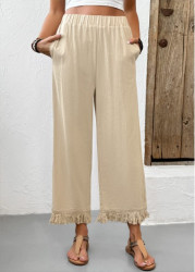 Modlily Light Camel Pocket Straight Leg Elastic Waist Tassel Pants - S