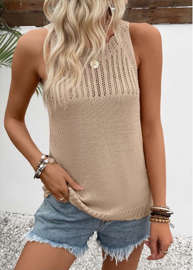 Modlily Light Camel Sleeveless Round Neck Tank Top - S
