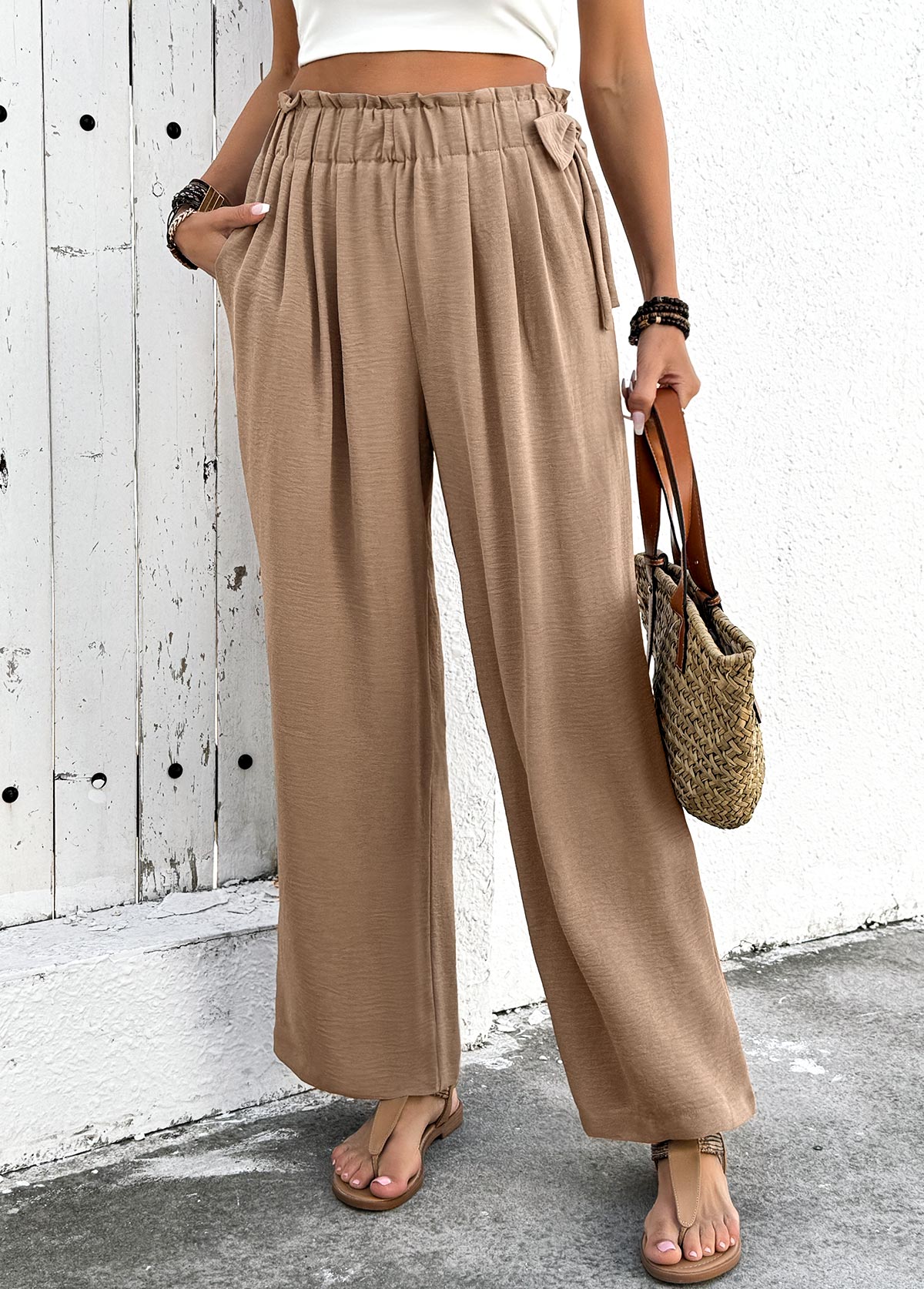 Modlily Light Camel Soft Wide Leg Elastic Waist Pocket Pants - M