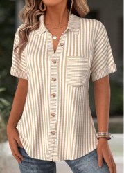 Modlily Light Camel Striped Short Sleeve Shirt - S