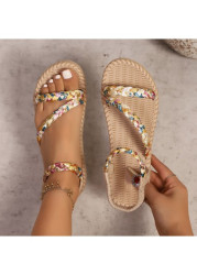 Modlily Light Camel Tribal Print Peep Toe Falt - 36