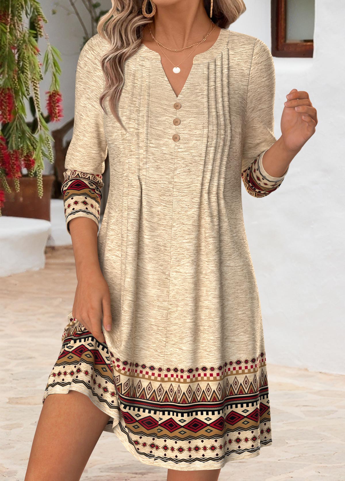 Modlily Light Camel Tribal Print Short Tuck Stitch Dress - S