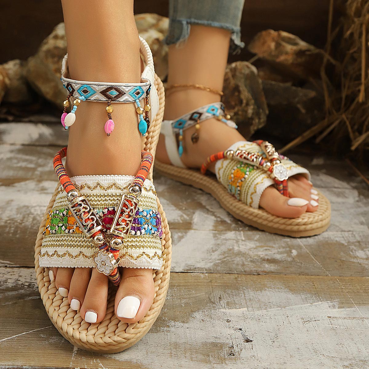 Modlily Light Camel Tribal Print Toe Post Falt - 36