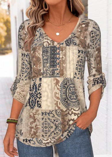 Modlily Light Camel Tuck Stitch Tribal Print Long Sleeve Blouse - M