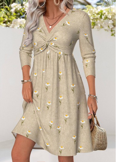 Modlily Light Camel Tummy Control Daisy Print Short Dress - M