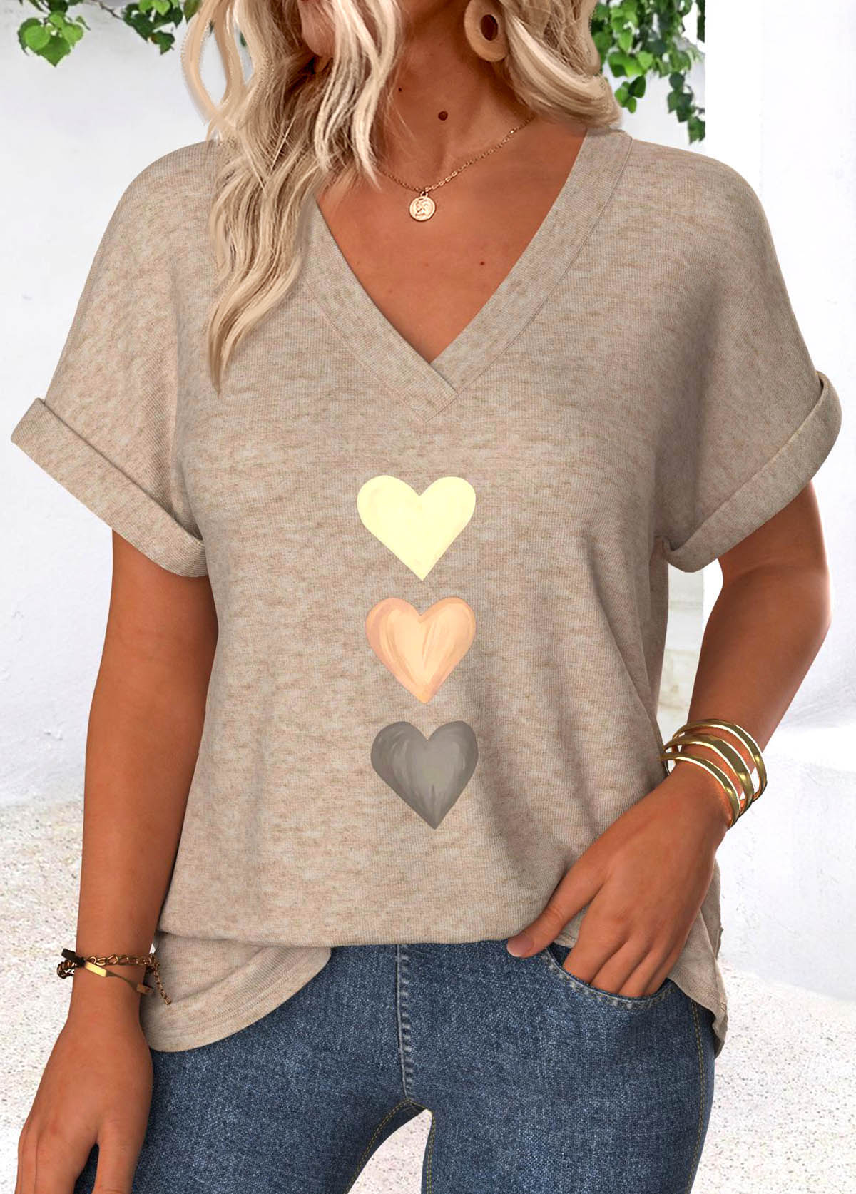 Modlily Light Camel Tummy Coverage Heart Print T Shirt - S