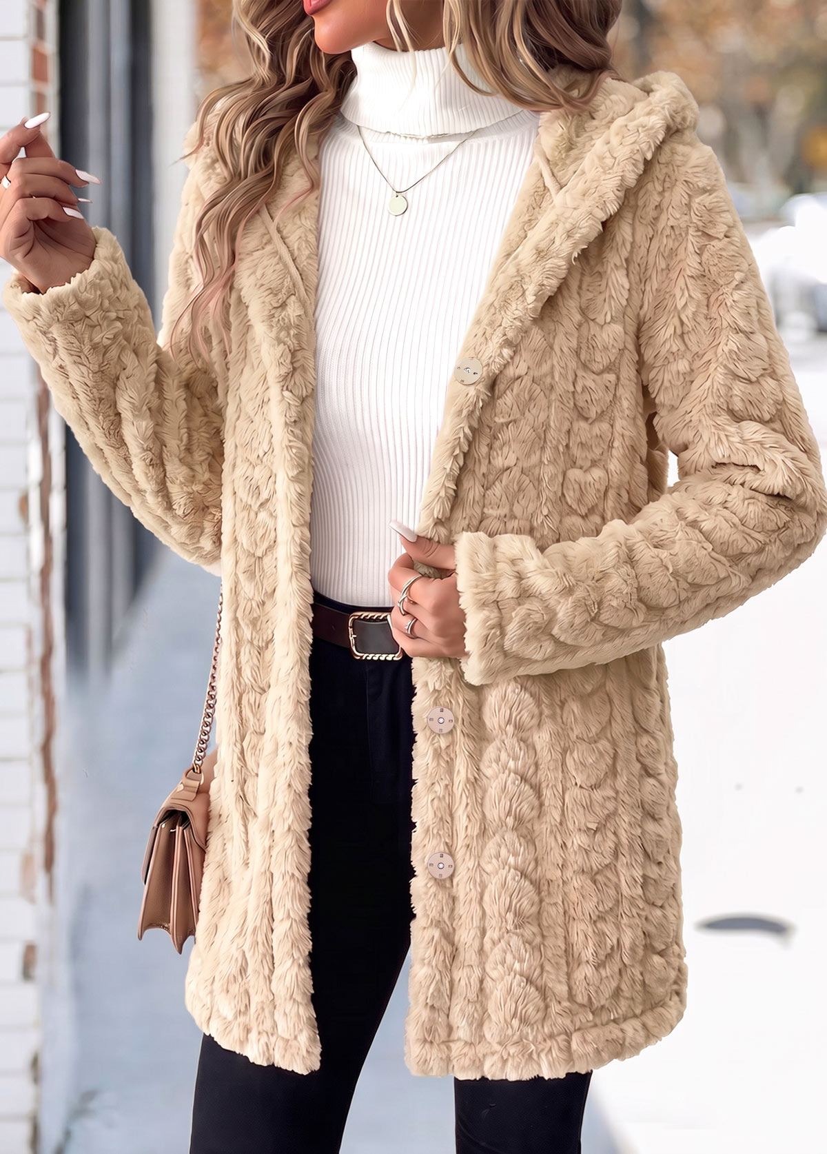 Modlily Light Camel Tummy Coverage Long Sleeve Hooded Coat - S