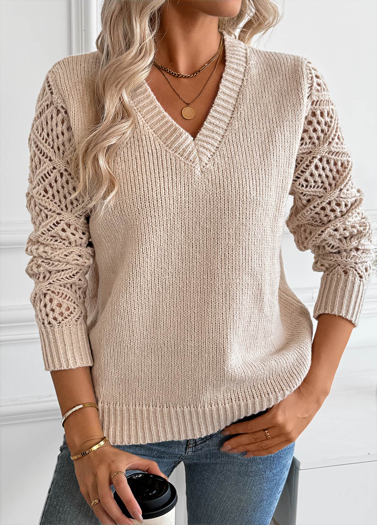 Modlily Light Camel Tummy Coverage Long Sleeve V Neck Sweater - S