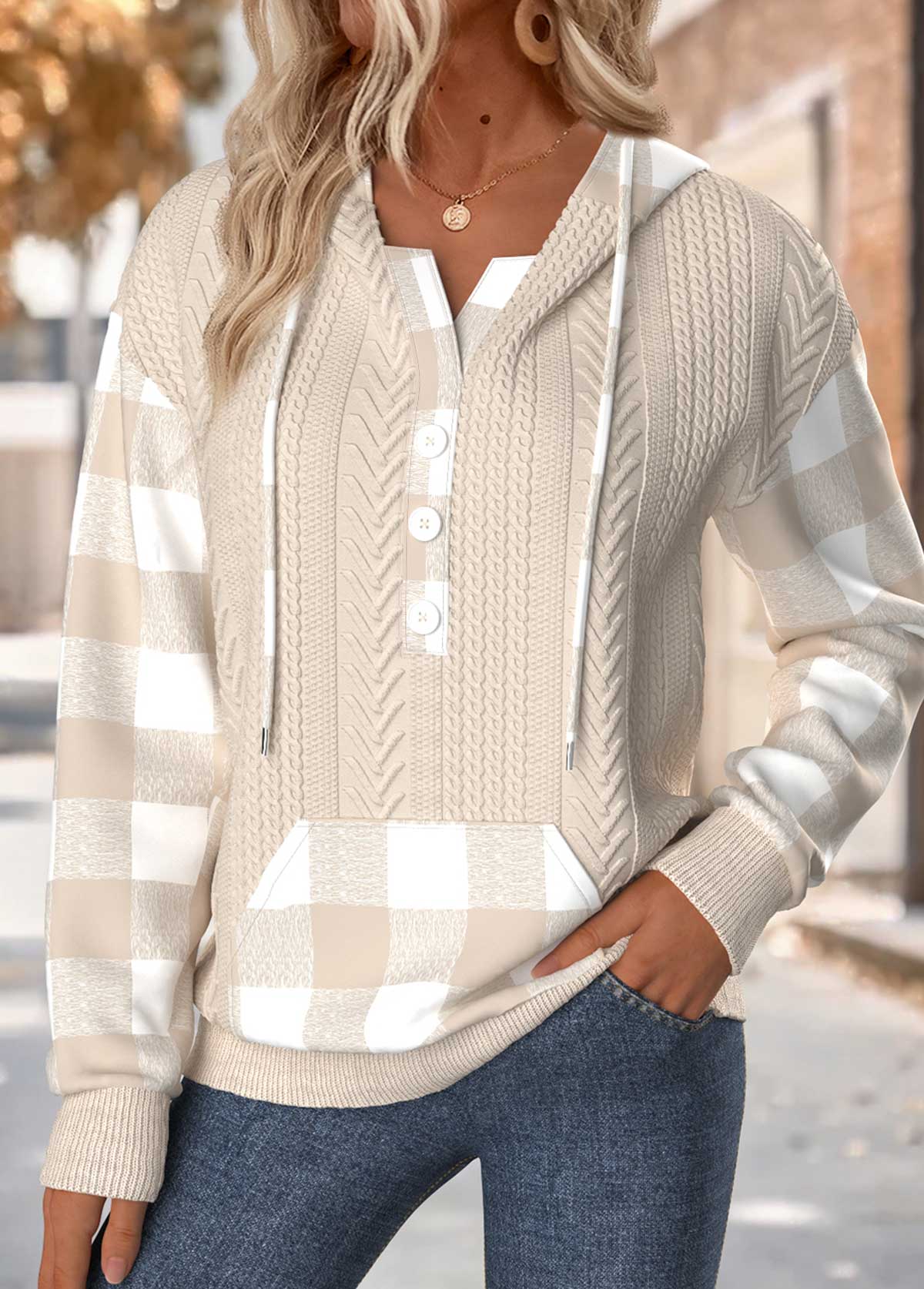 Modlily Light Camel Tummy Coverage Plaid Long Sleeve Hoodie - S