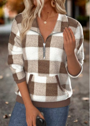 Modlily Light Camel Tummy Coverage Plaid Long Sleeve Sweatshirt - M