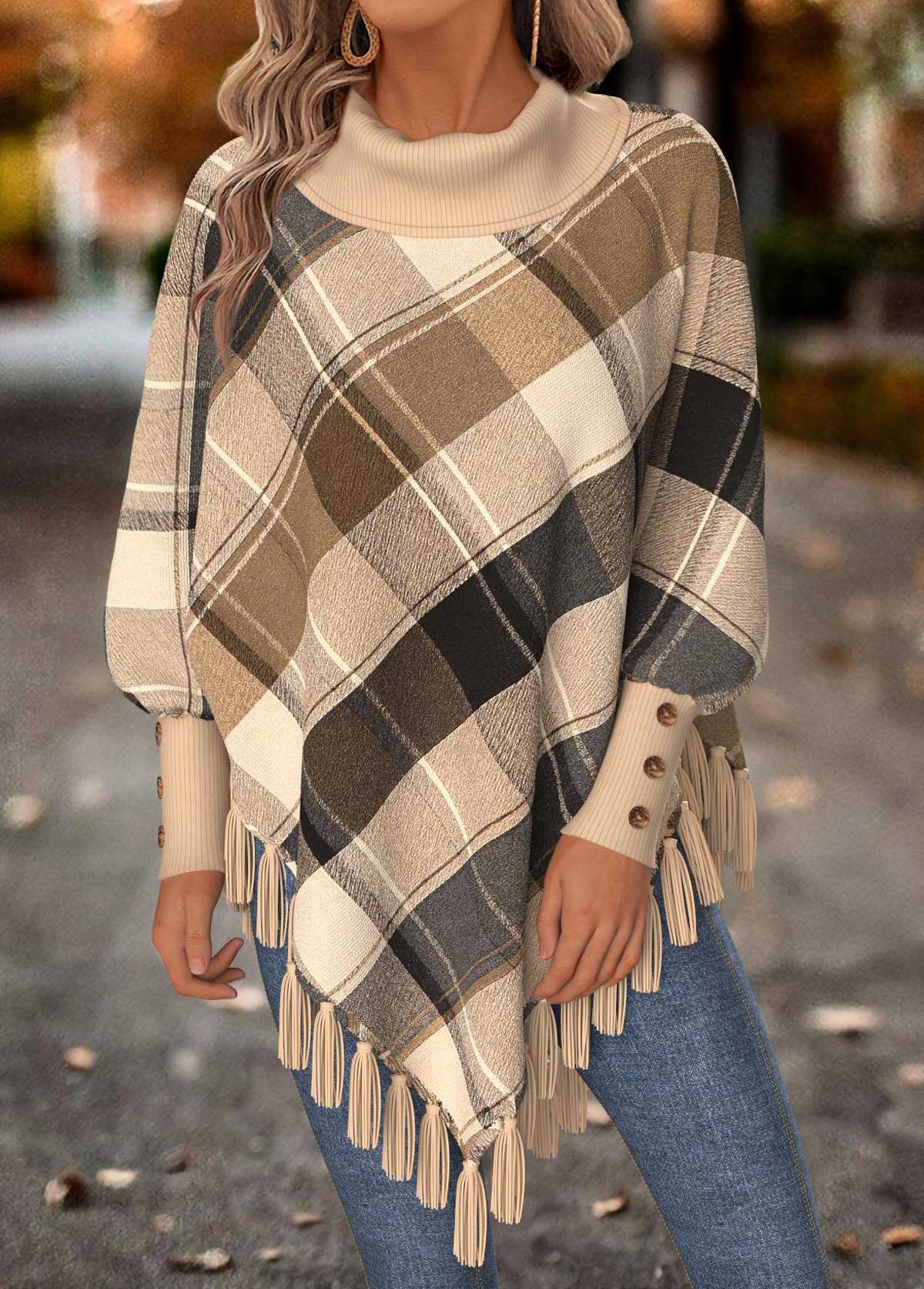Modlily Light Camel Tummy Coverage Plaid Long Sleeve Sweatshirt - S