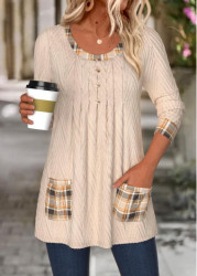 Modlily Light Camel Tummy Coverage Plaid Long Sleeve T Shirt - M