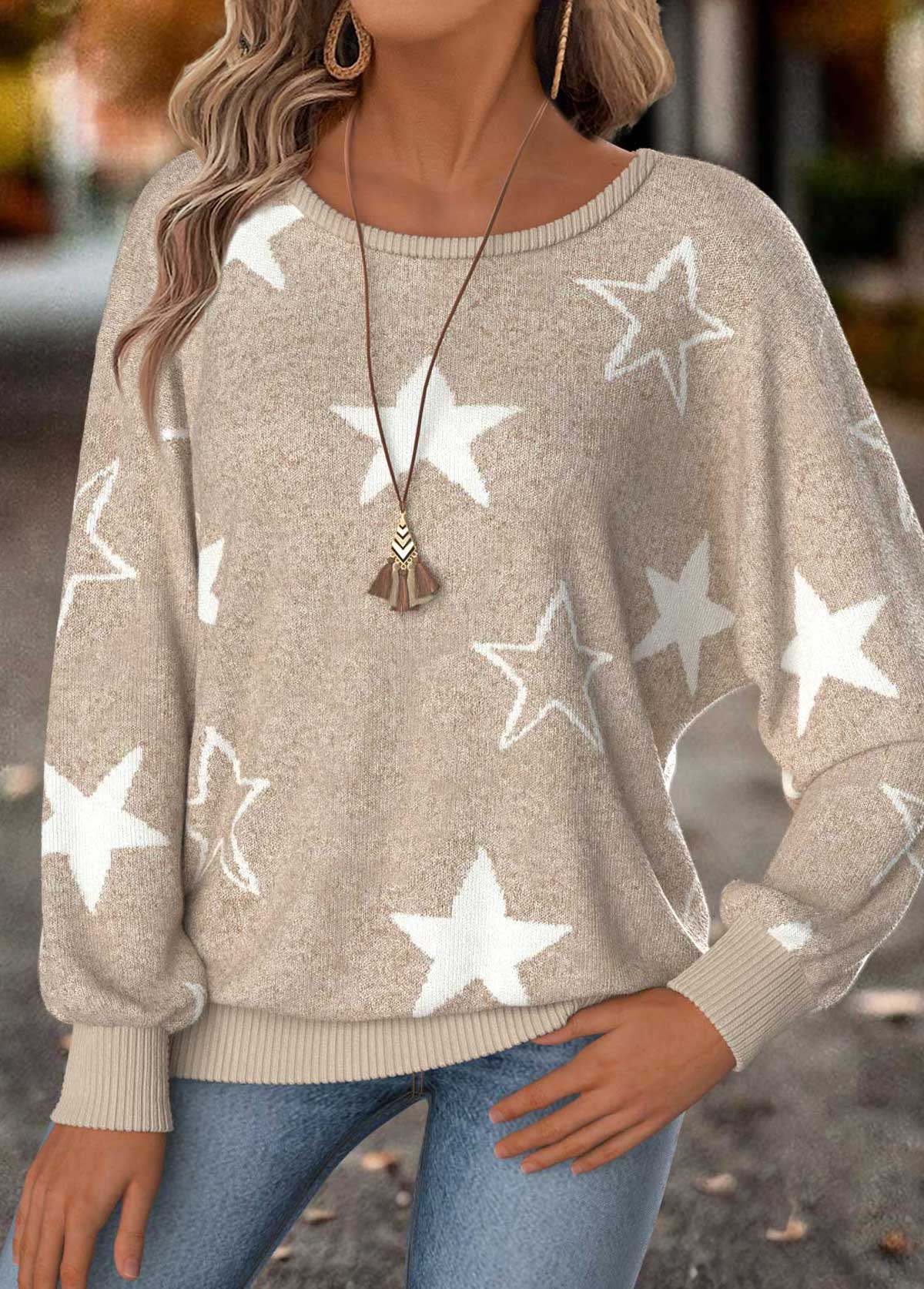 Modlily Light Camel Tummy Coverage Star Print T Shirt - S