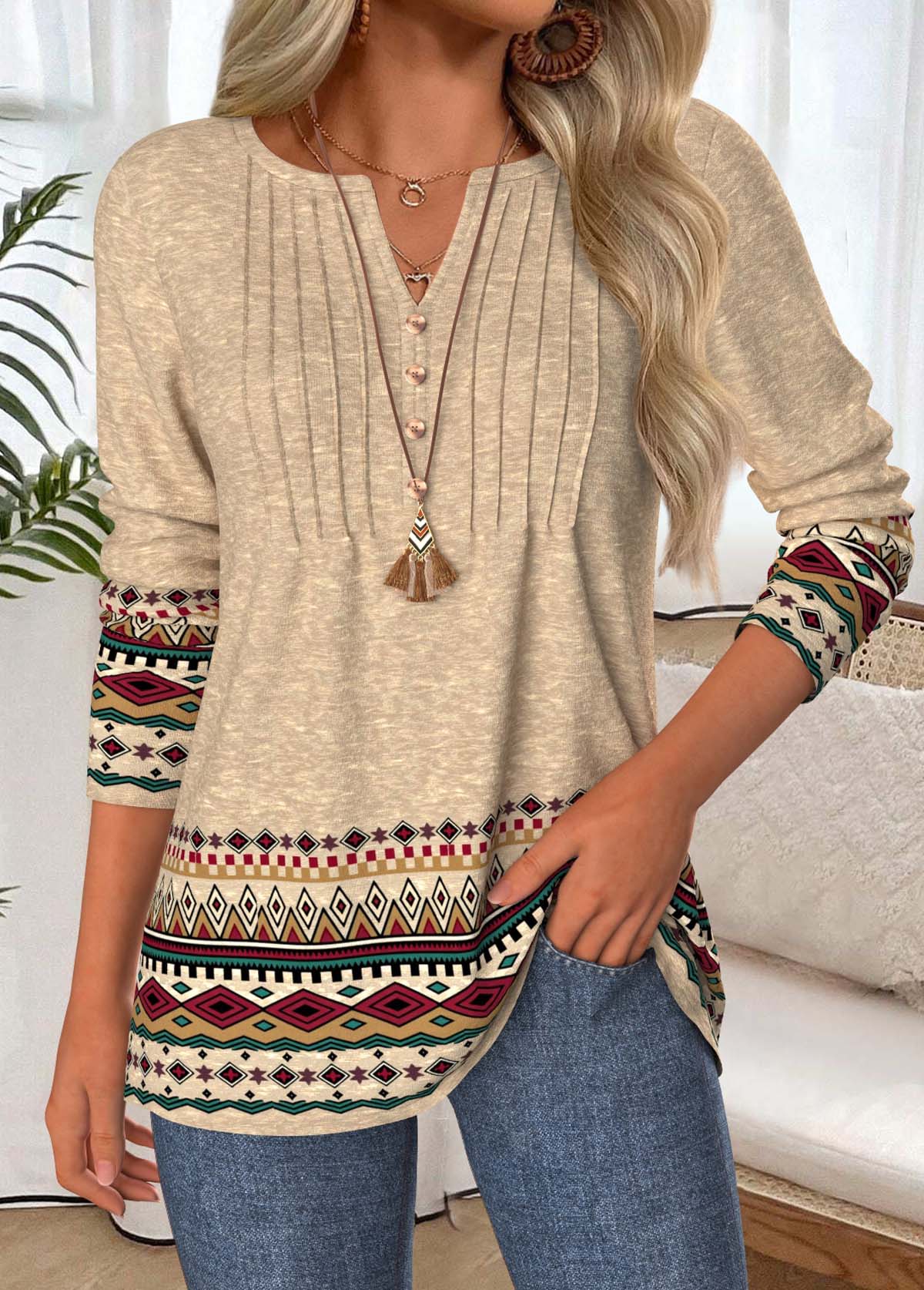 Modlily Light Camel Tummy Coverage Tribal Print T Shirt - M