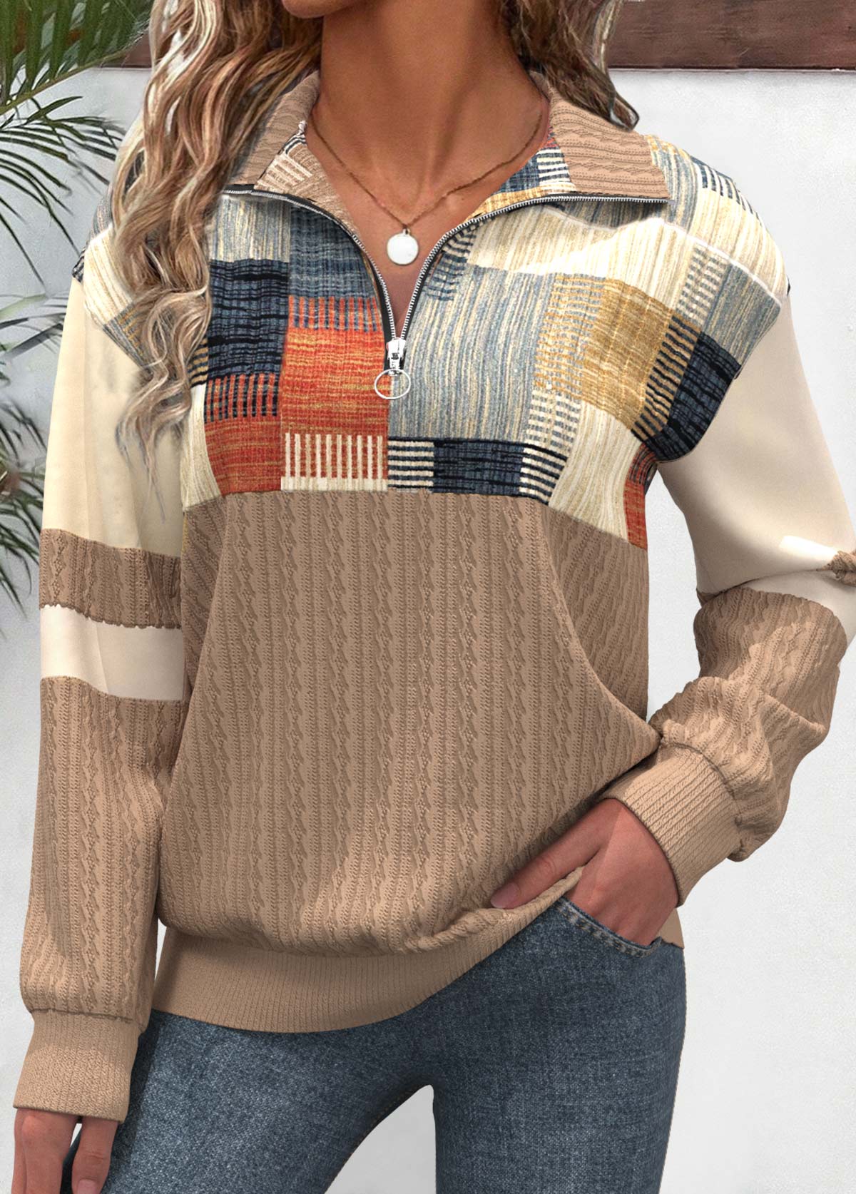Modlily Light Camel Zipper Geometric Print Long Sleeve Sweatshirt - M