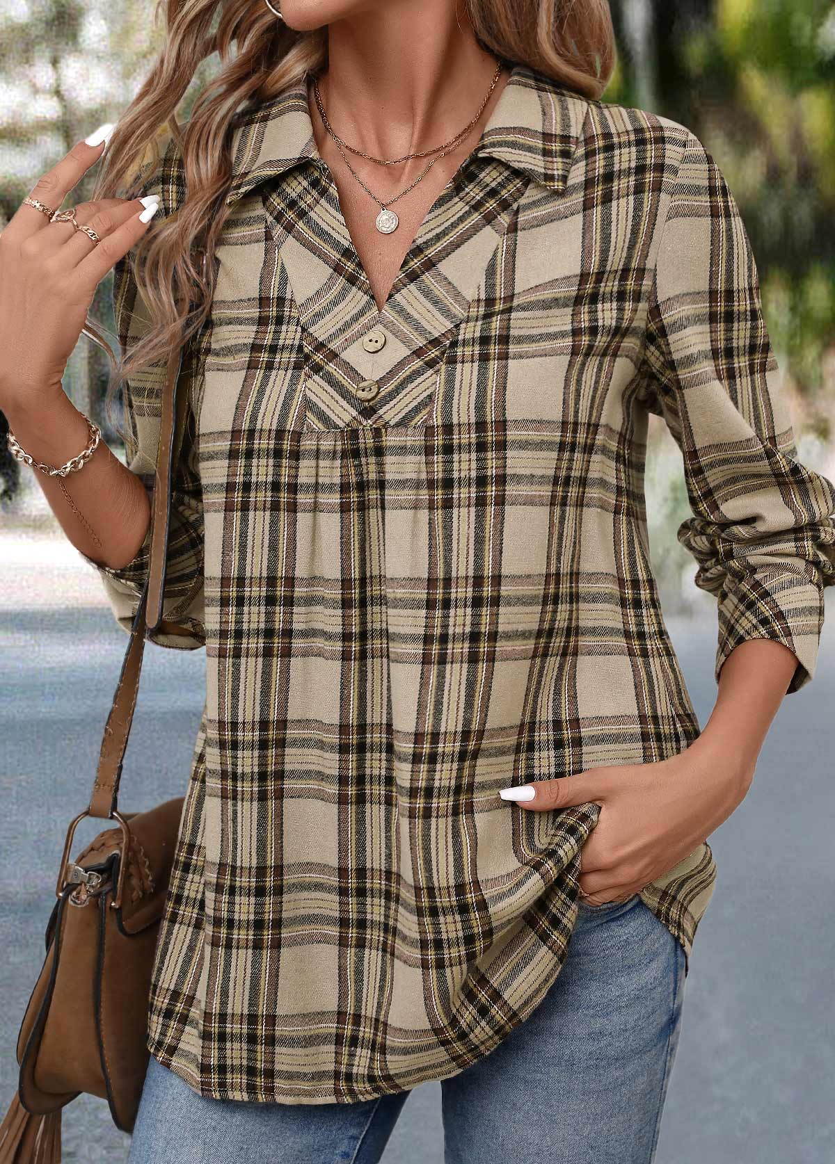 Modlily Light Coffee Button Plaid Long Sleeve Shirt - L
