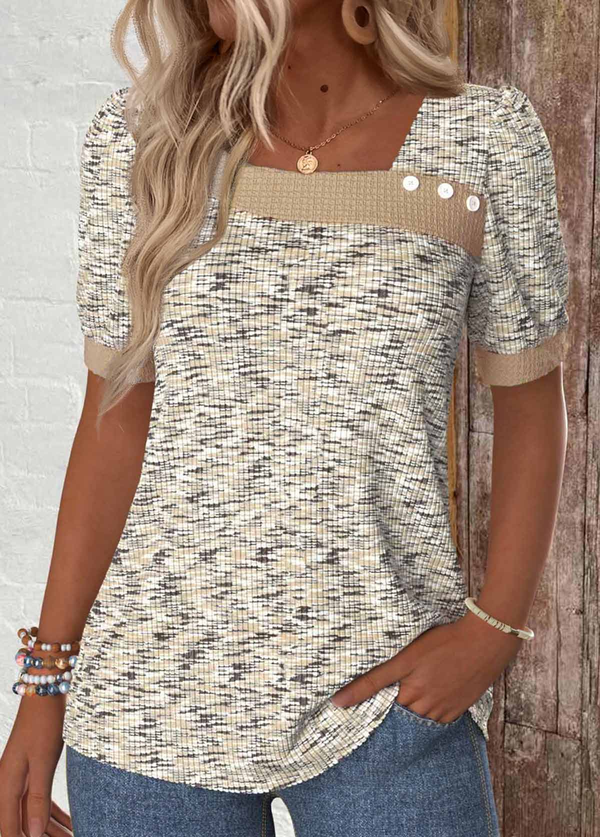 Modlily Light Coffee Button Short Sleeve Asymmetrical Neck T Shirt - XL