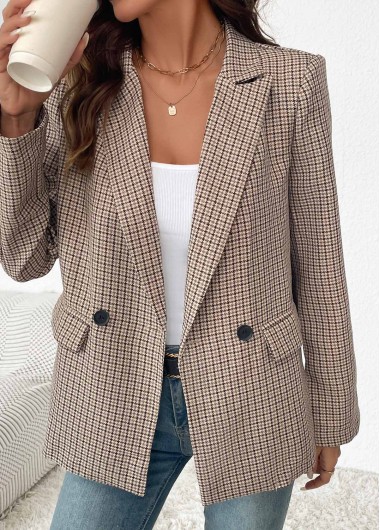 Modlily Light Coffee Double Side Pockets Plaid Long Sleeve Blazer - S