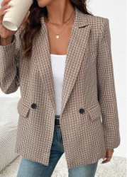 Modlily Light Coffee Double Side Pockets Plaid Long Sleeve Blazer - S