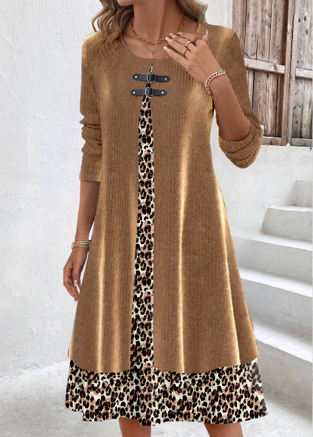 Modlily Light Coffee Fake 2in1 Leopard A Line Dress - L