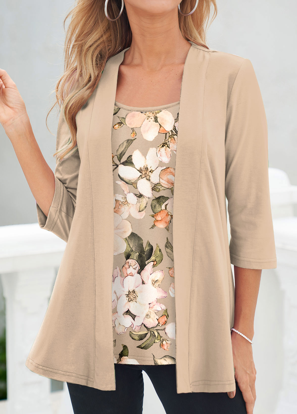 Modlily Light Coffee Floral Print Fake Two Piece Twinset - XL