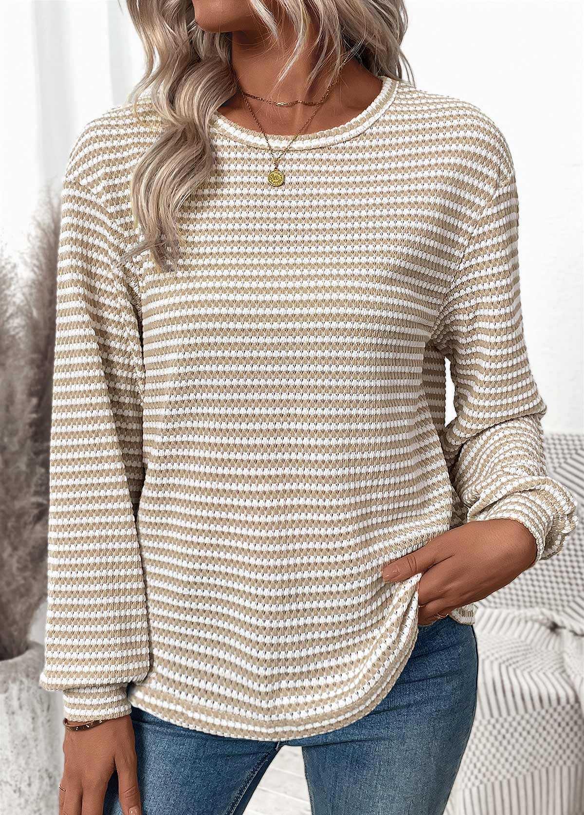 Modlily Light Coffee Jacquard Long Sleeve Round Neck T Shirt - S
