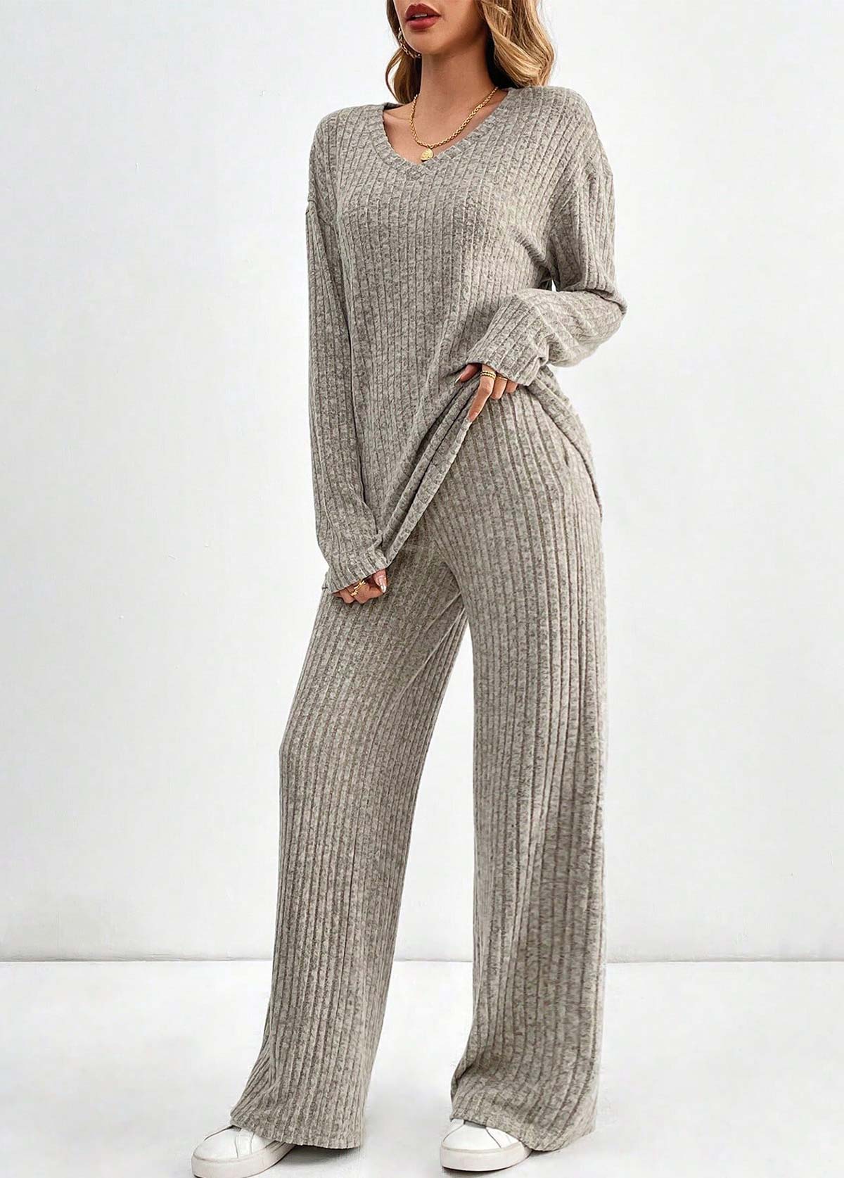 Modlily Light Coffee Long Sleeve Lounge Top and Pants - S