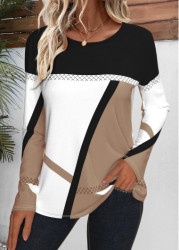 Modlily Light Coffee Patchwork Geometric Print Long Sleeve T Shirt - M